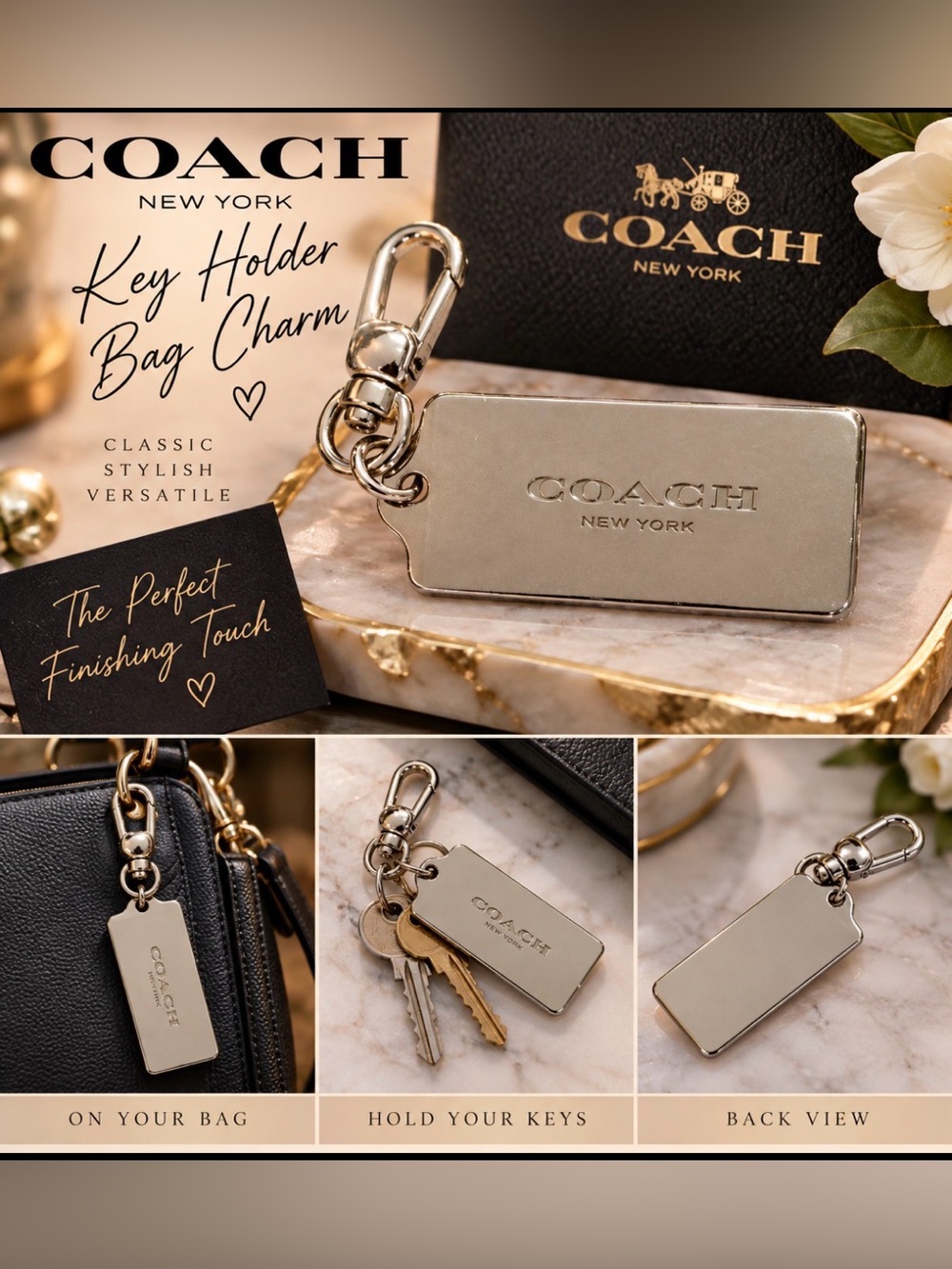 Coach Silver Leather-Trim Key Holder Bag Charm